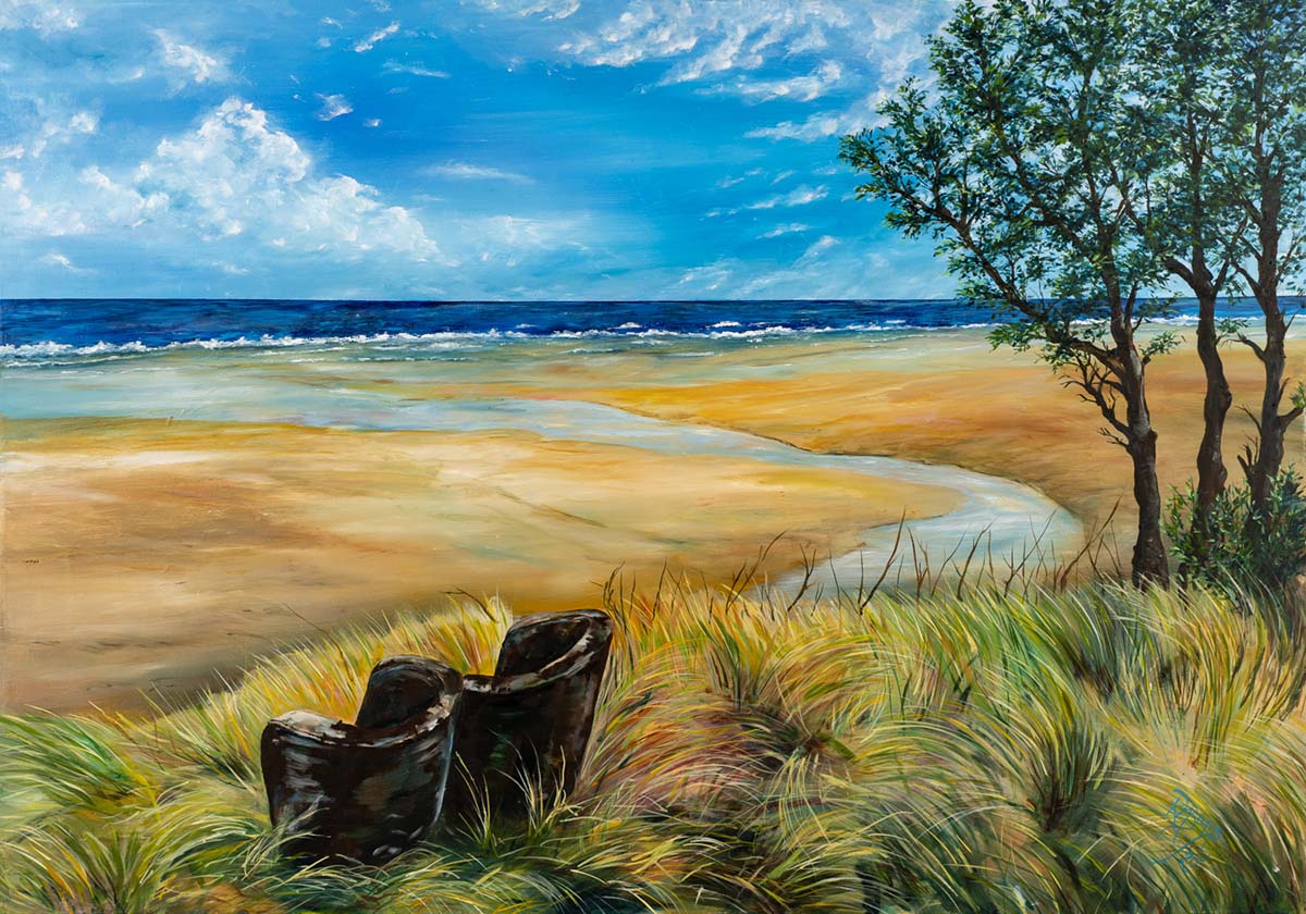 large oil paiting depicting 2 old chairs on the end of 90 Mile beach - low tide New Zealand