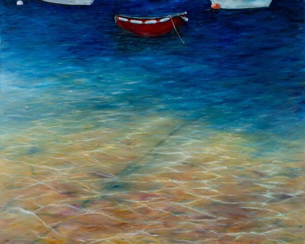 shallow water panting, small moored red rowing boat, yellow sand, clear blue water, beach, oil painting