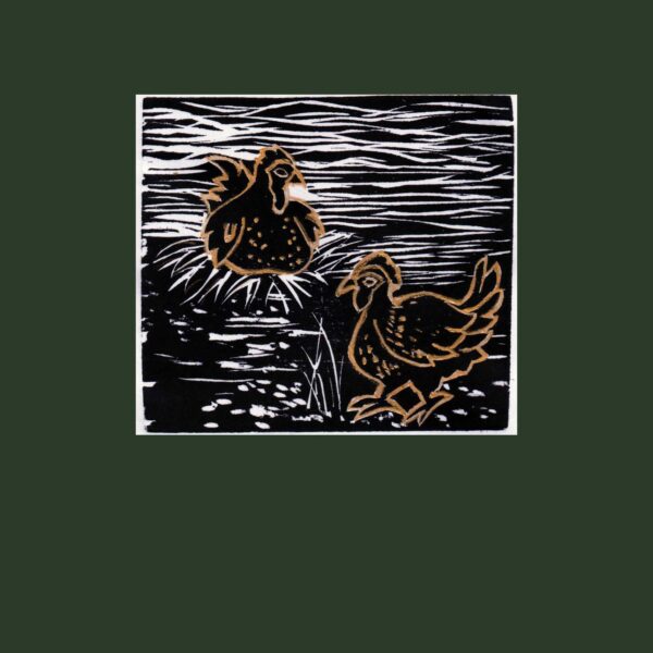 Woodcut print of 2 nesting hens - Two French Henblack white and gold - Christmas card -