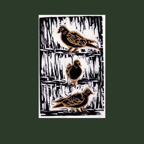 woodcut print repro - Three turtle Doves - christmas card