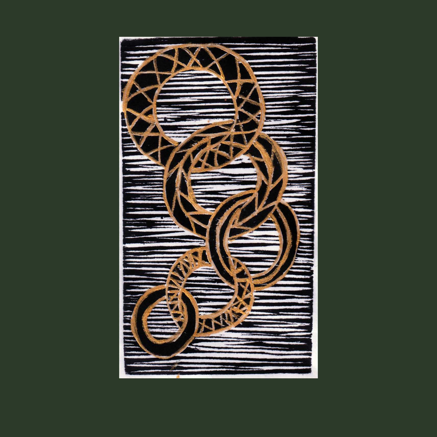 woodcut print 5 gold rings - black white gold - Christmas card green back ground