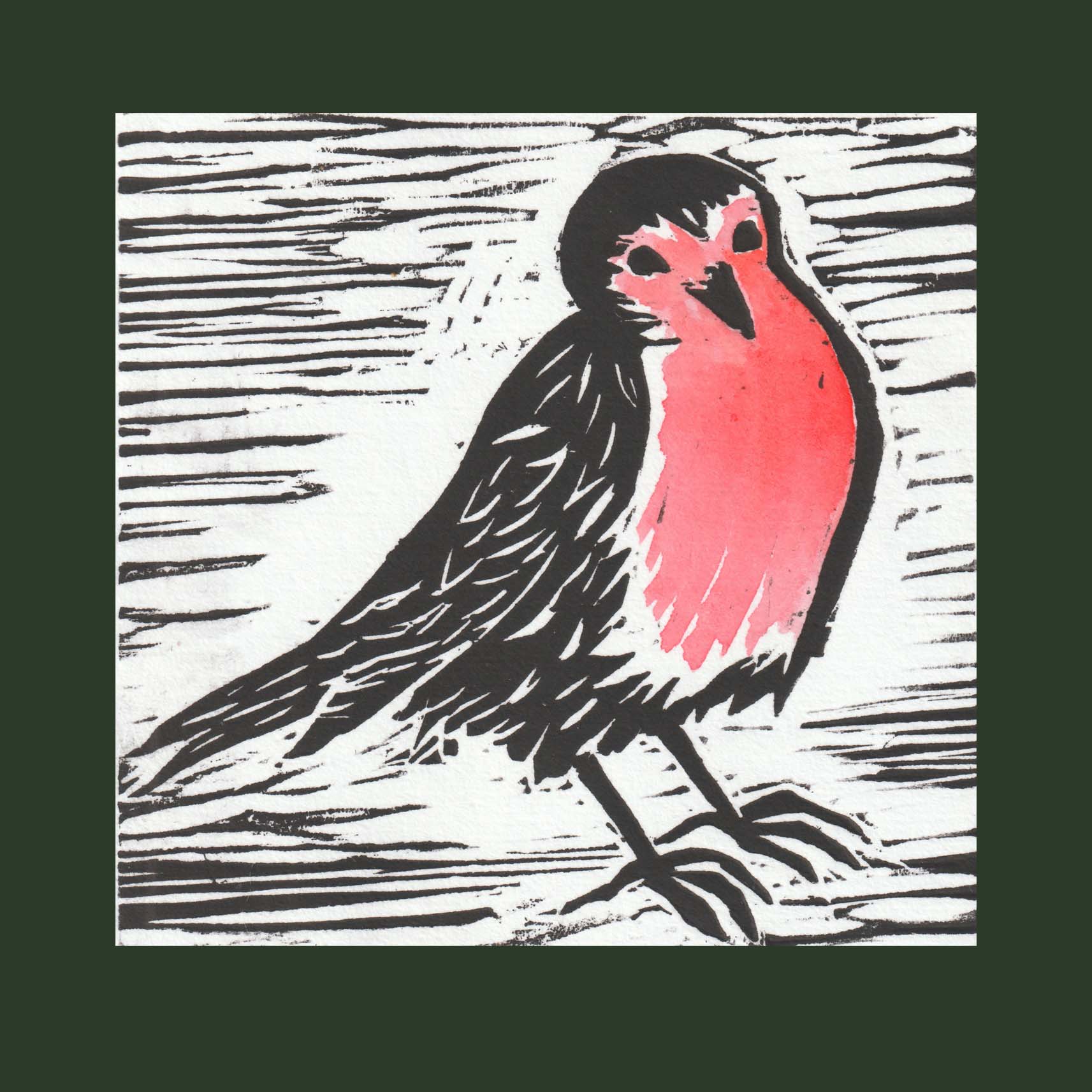 Robin - a woodcut print of a red breasted robin - 14x14cm card - whit green boarder - seasonal / Christmas card