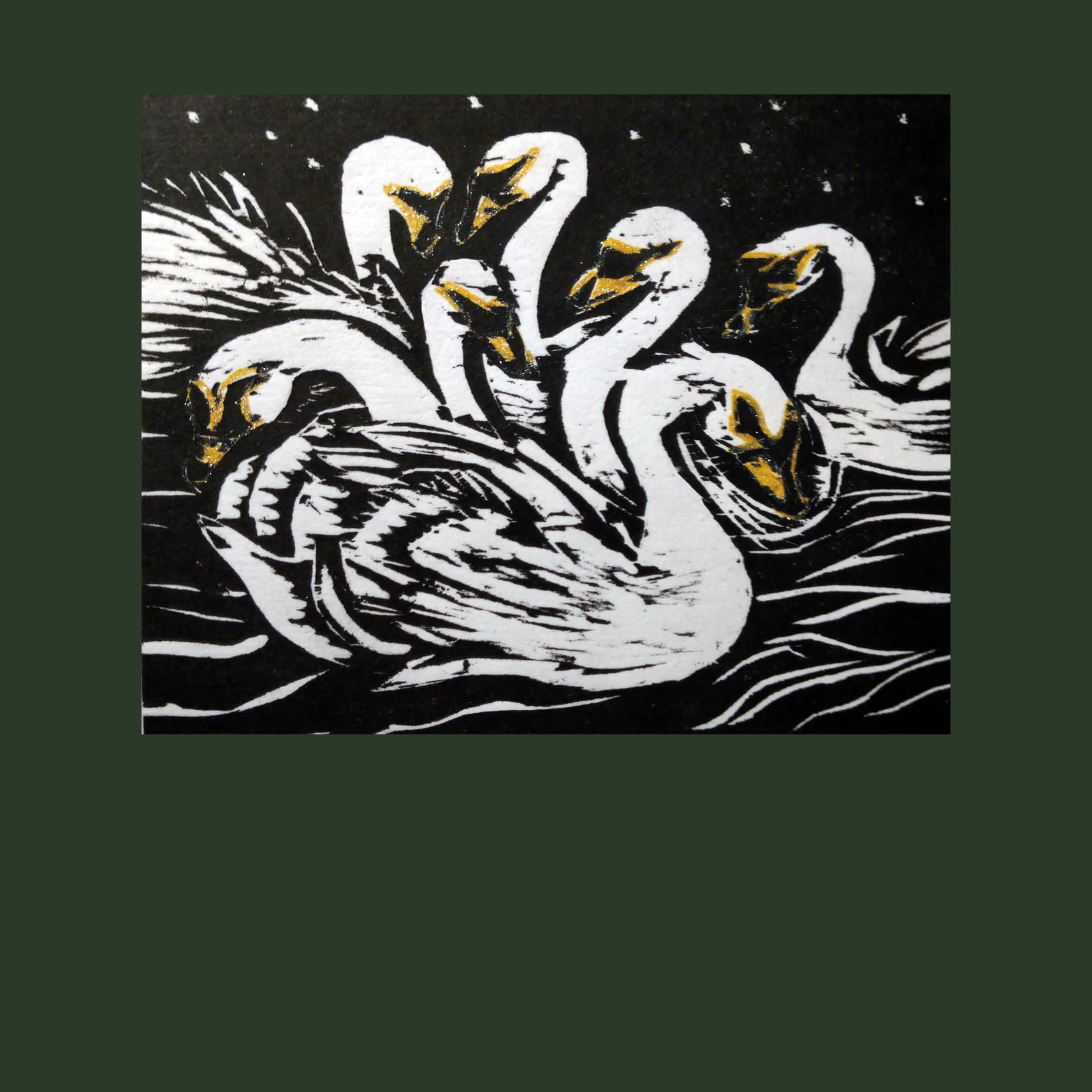7 swans - woodcut print, black and white image on green background, swans have golden beaks