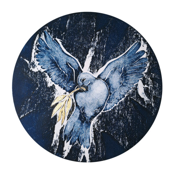 Blue nova, prusssian blue, coloured dove with gold leaf olive branch - original print